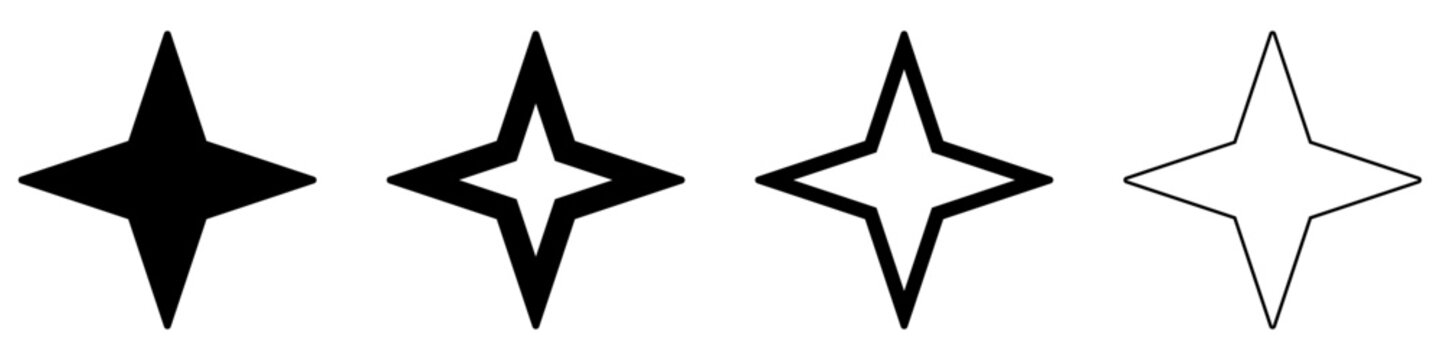 Star icon. Four-pointed star (sparkle/glitter): black silhouette and outline lines, isolated on a white background. Four style variations. Vector illustration.