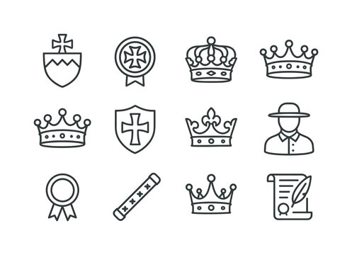 European Titles Icons. Historic European titles. Line icon set of historic European titles: margrave symbol, elector emblem, duke coronet, baron coronet, count