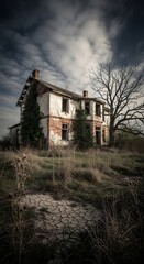 Weathered abandoned farmhouse stands beneath dramatic stormy clouds above parched earth