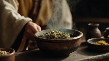 Hands preparing dried herbs in a steaming clay bowl, representing the careful process of natural medicine, traditional healing, and the preparation of herbal infusions for wellbeing