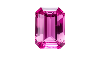 A radiant, emerald-cut pink gemstone on a solid black background