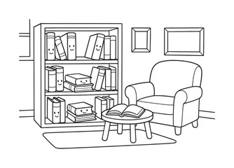 Coloring Book Library. Library learning children?s coloring book illustration, outlined drawing, a cozy bookshelf with smiling books and a quiet reading