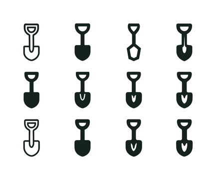 Sandbox Shovel Icons. Sandbox shovel. Icon set. Set Logo of sandbox shovel: classic toy shovel. harmonious logo variations of the same emblematic concept, each