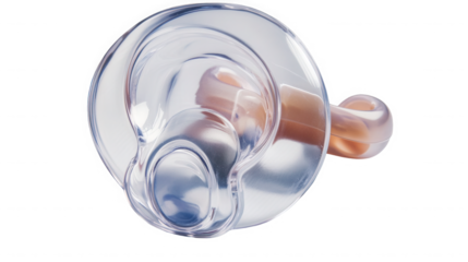 Clear plastic baby pacifier with a nipple and handle for soothing infants on transparent background
