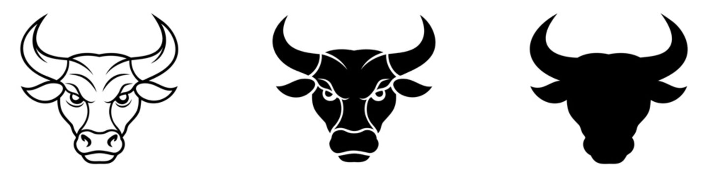 Angry bull head icon. Aggressive silhouette of a bull head with horns and eyes. Three style variations. Vector illustration.