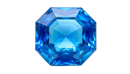 A radiant, octagonal-cut, bright-blue precious gemstone on black