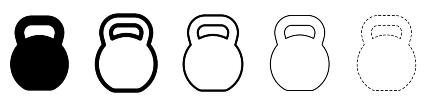 Kettlebell icon. Sports equipment: black silhouette, outline lines, and dashed line. Five style variations. Vector illustration.