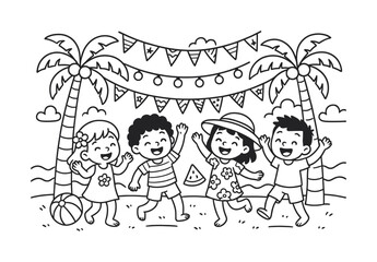 Beach Party Coloring. Summer beach party with holiday-themed decorations children?s coloring book illustration, outlined drawing, cheerful cartoon kids dancing
