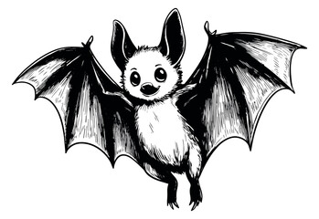 Hand drawn line art illustration of a cute bat depicting flying with its wings spread for halloween designs or wildlife themes