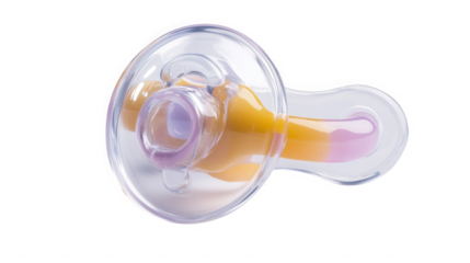 Baby pacifier with clear shield and orange handle on transparent background