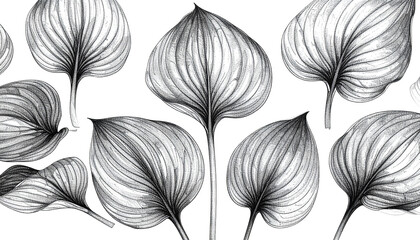 Artistic rendering of multiple textured leaves in grayscale