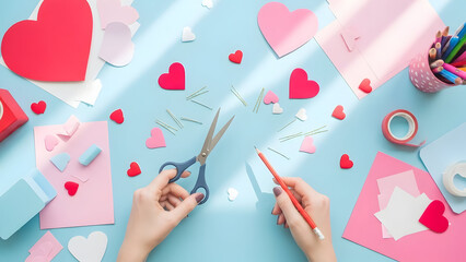 Hands cutting out paper hearts for valentine's day craft