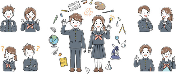 制服姿の学生男女と文房具のイラストセット　表情・ポーズのバリエーション