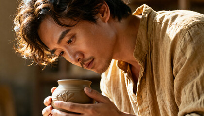 A focused Asian artisan carefully inspecting a handmade clay pot in his workshop. Close-up of a male potter concentrating on his craft. Traditional art and craftsmanship concept