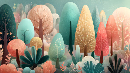 Magical forest meadow illustration with abstract stylized trees, soft pastel colors, glowing plants and flowers.