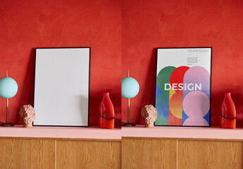 Mockup Of Customized Black Framed Poster On Shelf