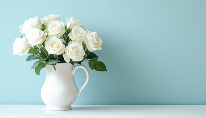 Naklejka premium light blue cup holds white roses on white marble, set against a blue wall