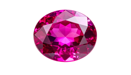 A large, faceted, radiant, round-cut, brilliant magenta gemstone on black