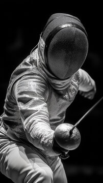 Black and white dynamic portrait of fencer attacking, mask and rapier, tension, strength, focus, dramatic sport scene.
