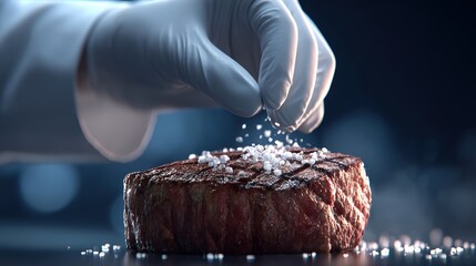 Chef's hand in white glove sprinkling sea salt on perfectly grilled steak, showcasing culinary art and attention to detail in gourmet food preparation