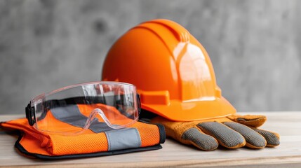 Safety equipment including orange hard hat, protective gloves, and safety goggles arranged on wooden surface, emphasizing importance of workplace safety and protection gear