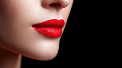 Fototapeta premium Close-up of a woman's lips adorned with vibrant red lipstick, showcasing smooth skin texture and a captivating beauty aesthetic, ideal for cosmetic and fashion themes