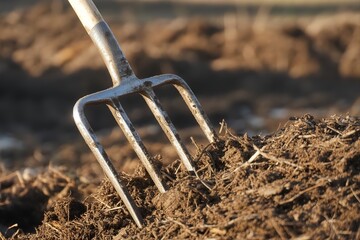 closeup of pitchfork turn over manure pile. Farm natural fertilizer