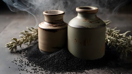 Ceramic jars with coffee beans and herbs on table