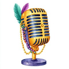 Retro Microphone with Mardi Gras Beads and Feathers, Watercolor Illustration