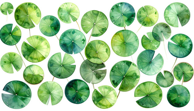 Overhead watercolor painting of lily pads, varying green shades, black background