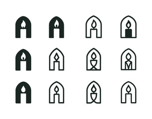 Catholic Charities Icon Grid. Catholic charities. Icon set. Set Logo of Catholic charities: candle of faith. harmonious logo variations of the same emblematic