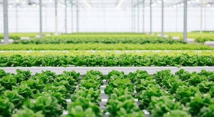 Rows of vibrant green leafy lettuce plants growing in neat lines inside a modern expansive greenhouse.