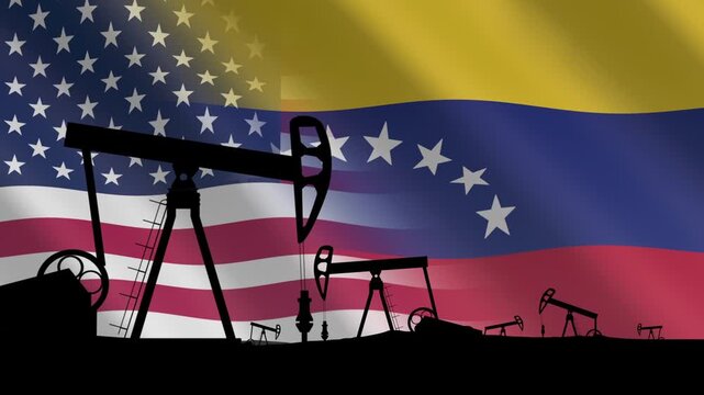 Sanctions, embargo on Venezuelan gas and oil. Crude oil production. Silhouettes of oil pumps against the backdrop of the Venezuelan and United States flag. The concept of oil imports and exports.