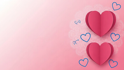 Three dimensional pink paper hearts with blue outlines on soft pink lace background. Pink valentine background with hearts