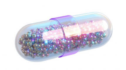 Colorful shiny capsule filled with vibrant glittering balls on transparent background