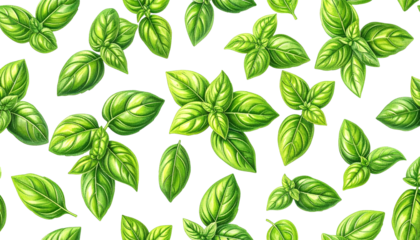 Lush green basil leaves scattered against a dark, seamless background