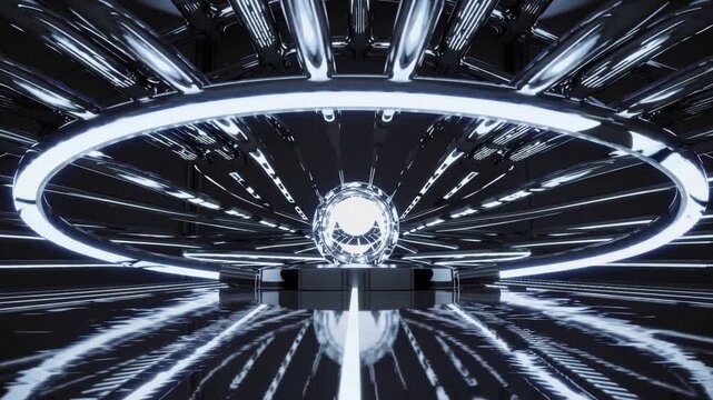 Rotating light ring around reactor core, radial LED spokes and mirrored surfaces create tunnel of motion, stark monochrome palette emphasizes kinetic energy and futuristic engine aesthetic,