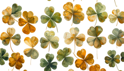 Watercolor clovers in varying shades of green, gold, and cream, on a black backdrop