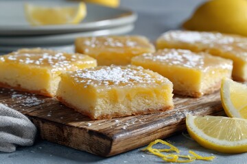 Citrus dessert still life featuring lemon bars, lemon wedges, and a cozy baking scene