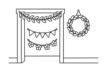 Children's Garlands Coloring. Decorative garlands and wreaths hanging in a home children?s coloring book illustration, outlined drawing, simple leafy garland