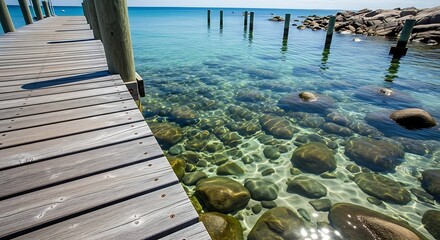 Weathered wooden pier extends over crystal clear turquoise water revealing smooth underwater stones