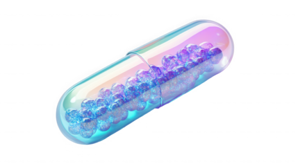 Iridescent capsule filled with vibrant blue and purple particles, showcasing a mesmerizing visual effect and beauty, on transparent background. on transparent background
