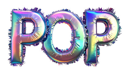 Holographic foil balloon letters spelling "POP" on a black background