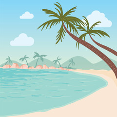 Obraz premium Calm Tropical Beach with Palm Trees and Turquoise Sea Illustration Peaceful Tropical Coastline with Palm TreesSummer Tropical Beach Landscape IllustrationExotic Island Beach with Palm Trees 