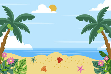 Obraz premium Tropical Beach with Palm Trees and Seashells Flat Illustration Summer Tropical Beach Landscape Flat DesignCartoon Tropical Beach with Palm Trees and SeaSunny Beach with Seashells and Palm Trees