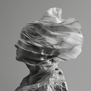 A sense of movement is captured in a stone sculpture despite its immobile form through the illusion of flowing fabric or windswept hair. Black and white art