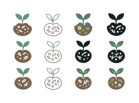 Creative Compost Logos. Composting. Icon set. Set Logo of Composting: microbial activity symbol. harmonious logo variations of the same emblematic concept,