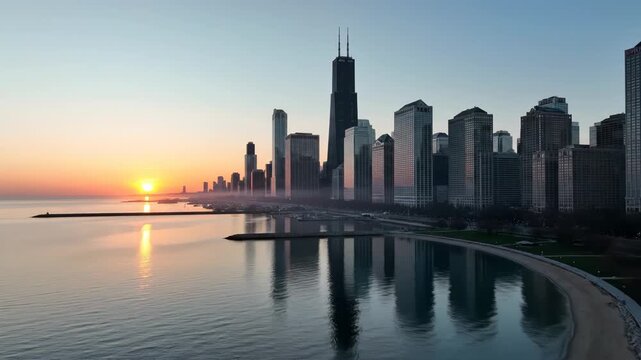 Chicago city skyline at sunset with a waterfront view of lake michigan shore