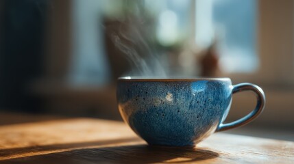 Close-up of a blue mug with steam in a cozy kitchen ambiance