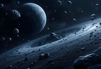 A majestic celestial body with a vast ring system and numerous asteroids orbiting in deep space. astroid belt 